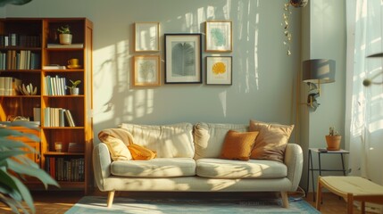 a magazine style photograph of a stylish living room, with light coloured walls, the walls have NO pictures, a sofa against the wall and a bookcase to the side 
