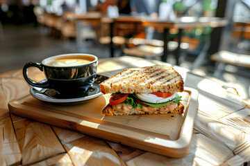 a nice sandwich and a cup of coffee on a table on a cafe background. Breakfast in a cafe. business style  - obrazy, fototapety, plakaty