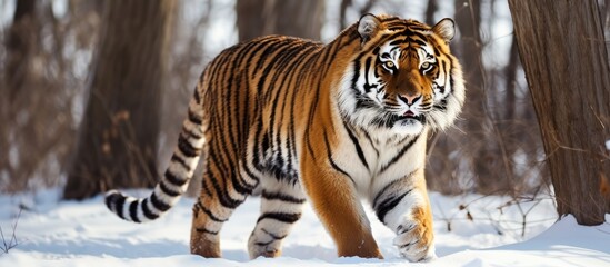 A Bengal tiger with whiskers and fur is walking through the snowy woods. This terrestrial carnivore belongs to the Felidae family and is one of the largest big cats in the world