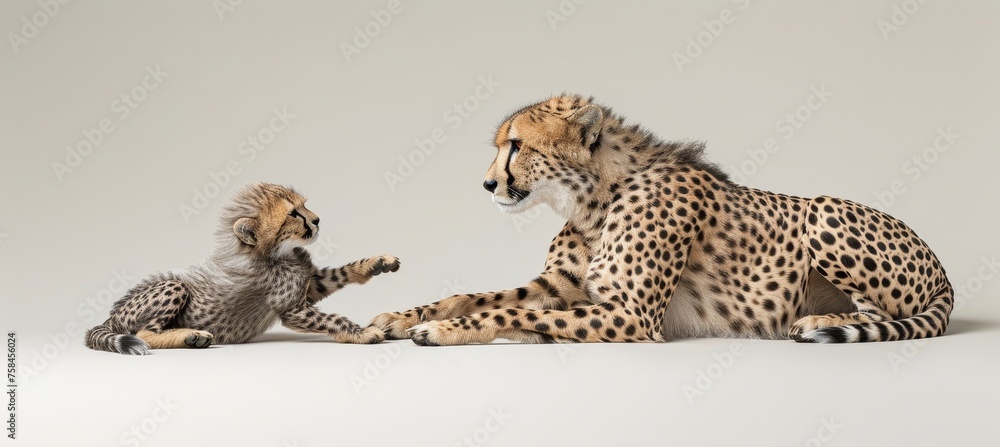 Poster male cheetah and cub with text space, object on right side for balanced composition