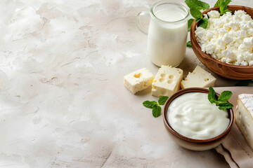 Creative banner for healthy farm dairy products store: Assortment of dairy products on light table - milk, cottage cheese, natural farm. Copy space with mint leaf accent.





 - obrazy, fototapety, plakaty