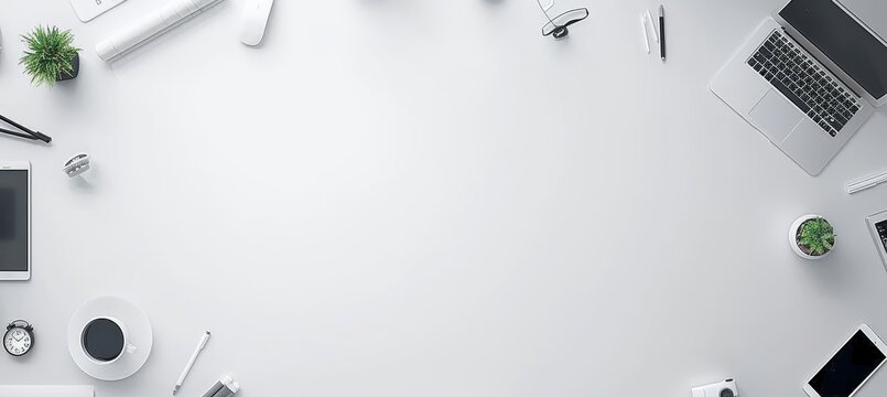Minimalist white desk with potted plant, coffee cup, and neatly arranged office supplies