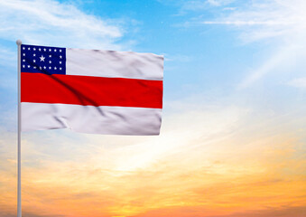 3D illustration of a Amazonas flag extended on a flagpole and in the background a beautiful sky with a sunset