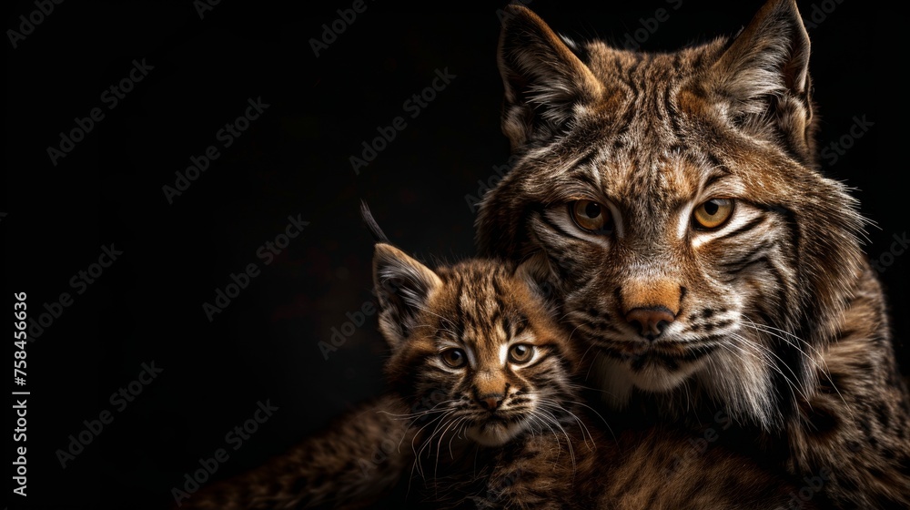 Poster andean mountain cat and kitten portrait with blank space for text and object on side