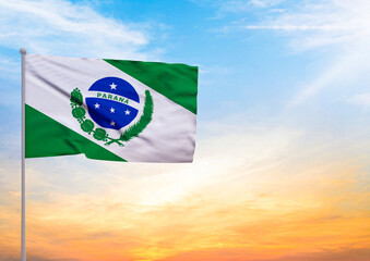 3D illustration of a Parana flag extended on a flagpole and in the background a beautiful sky with a sunset - obrazy, fototapety, plakaty