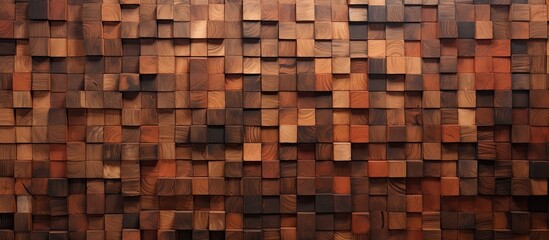 A detailed closeup of a brown wooden wall made of rectangular wooden squares, resembling brickwork. The pattern and artistry in the wood grain emulate a brick building material