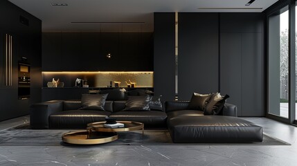 A modern black and gold home interior with sleek lines and minimalist design, featuring a black leather couch and gold accents