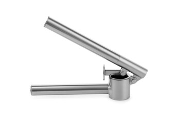 One metal garlic press isolated on white