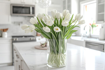 Celebrate International Women's Day or Mother's Day in a fresh and cozy white kitchen adorned with vibrant tulips, symbolizing beauty, strength, and appreciation for all women. 
