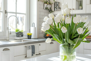 Celebrate International Women's Day or Mother's Day in a fresh and cozy white kitchen adorned with vibrant tulips, symbolizing beauty, strength, and appreciation for all women. 