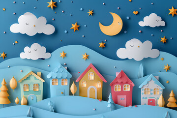 Children's wallpaper featuring a "good night, sweet dreams" concept art. It depicts a paper town in a 3D night country landscape, with a starry sky overhead and cozy toy houses, inviting children into