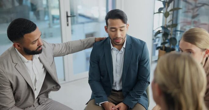 Business people, support and sad man in counselling for depression, mental health and discussion. Circle, group meeting and top of team with help, empathy and communication in therapy for psychology
