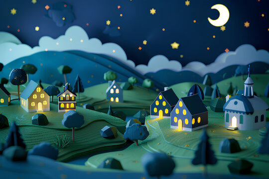 Children's wallpaper featuring a "good night, sweet dreams" concept art. It depicts a paper town in a 3D night country landscape, with a starry sky overhead and cozy toy houses, inviting children into