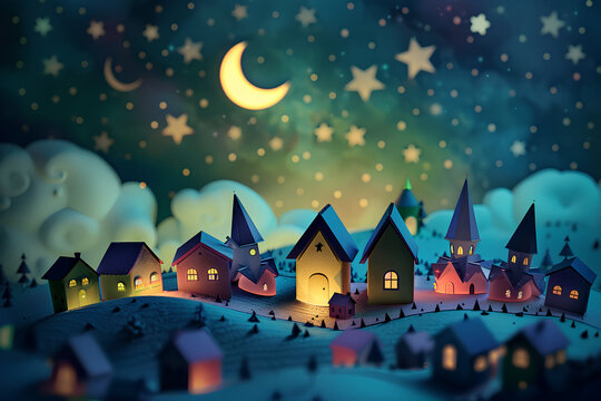 Children's wallpaper featuring a "good night, sweet dreams" concept art. It depicts a paper town in a 3D night country landscape, with a starry sky overhead and cozy toy houses, inviting children into