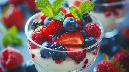 Healthy yogurt parfaits with fresh berries.
