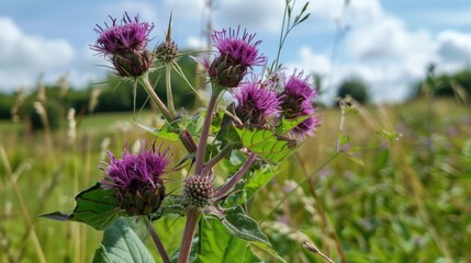 Fototapeta premium Beautiful growing flower burdock thistle on background meadow