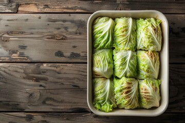Baking dish with cooked cabbage rolls on wooden background.