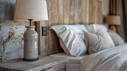 Fototapeta na wymiar Rustic bedside table lamp illuminating modern bedroom with wooden headboard, reflecting French country, farmhouse, and Provence interior design.