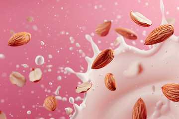 Almonds with milk splashes on pink background, copy space. Banner on the topic of healthy food, advertising - obrazy, fototapety, plakaty