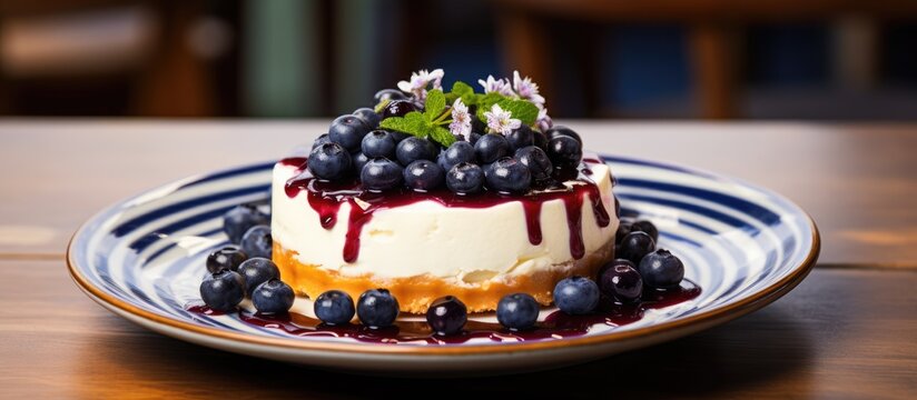 Blueberry cheesecake with cream on ceramic tray in bakery.