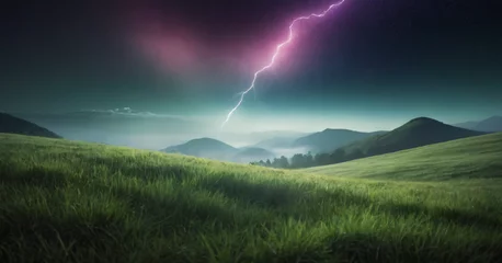Fototapeten Green Grass and Rainbow Storm Lightnings under the Moon © Mr.Pancho Store
