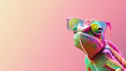 chameleon wearing sunglasses  isolated on pink gradients background
