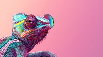 chameleon wearing sunglasses  isolated on pink gradients background