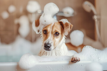 A cute dog takes a bath with lots of foam and bubbles. Awesome banner ad for pet shampoo. Pet care concept.