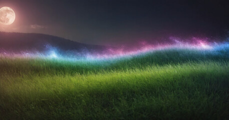 Green Grass and Rainbow Storm Lightnings under the Moon