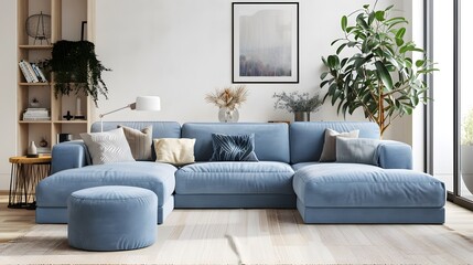 Interior of living room with sofa and pouf 3d rendering
