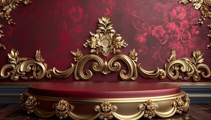 empty Podium and baroque gold motifs on red background, elegant style, used for displaying products