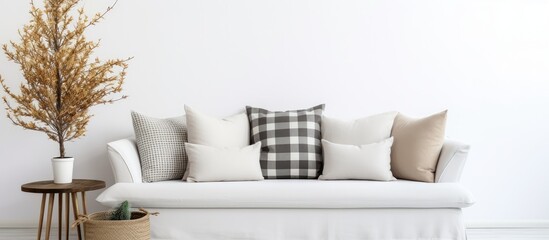 Interior wall mock up with velvet sofa, pillows, plaid and pine branch in vase on empty white background.