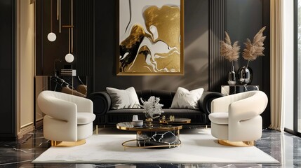 A modern black and gold home interior with a surreal color palette, featuring pastels and muted...