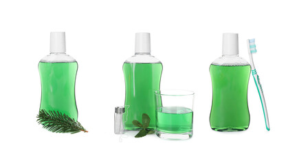 Fresh mouthwashes and toothbrush isolated on white, set