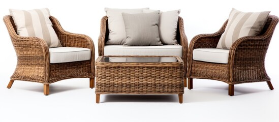 A stylish wicker patio set featuring chairs with armrests and a coffee table, perfect for outdoor comfort. The set is displayed on a white background