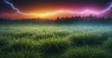 Obraz premium Green Grass and Rainbow Storm Lightnings under the Moon