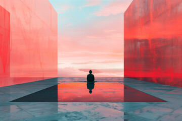 Silhouette man on water in mountain landscape with mirror portal during sunset under pink sky. Fantasy world. Generative AI