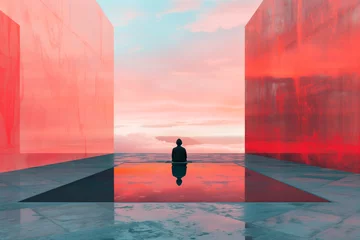Crédence de cuisine en verre imprimé Corail Silhouette man on water in mountain landscape with mirror portal during sunset under pink sky. Fantasy world. Generative AI