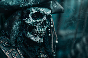 Portrait of a pirate skeleton on a ship. The mystical pirates are planning an attack. Creepy image