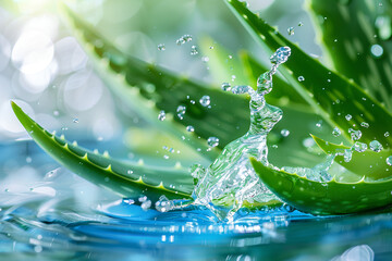 Water splashes onto vibrant aloe vera leaves, accentuating their freshness and highlighting the natural skincare concept.





