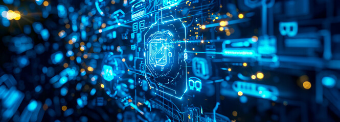 Obraz premium An intricate circuit board layout with a tech vibe illuminates with blues and glows, portraying advanced technology and connectivity.
