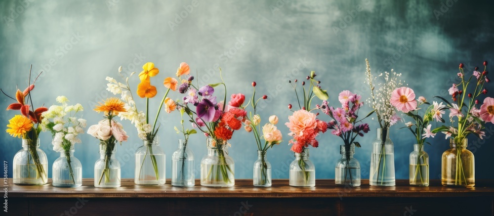 Poster an artful display of various flowers in a row of vases adorn the table, adding beauty and elegance t