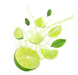 Pieces of lime, leaves and splashing juice on white background
