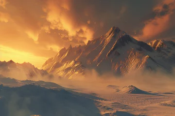 Zelfklevend Fotobehang Golden snow-capped mountain looms over vast land, mystically lit by aurora. Wide-angle lens captures dreamlike landscape with glittering magic © Uliana