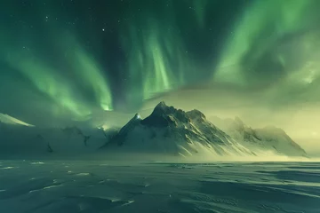 Photo sur Aluminium Olive verte Golden snow-capped mountain looms over vast land, mystically lit by aurora. Wide-angle lens captures dreamlike landscape with glittering magic