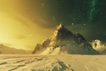 Foto op Plexiglas Golden snow-capped mountain looms over vast land, mystically lit by aurora. Wide-angle lens captures dreamlike landscape with glittering magic © Uliana