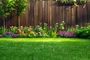 green grass lawn, flowers and wooden fence in summer backyard garden
