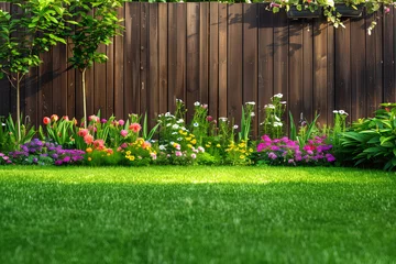 Poster green grass lawn, flowers and wooden fence in summer backyard garden © Uliana