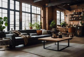 Living room interior in loft industrial style stock photoWall - Building Feature Living Room Office Indoors Modern