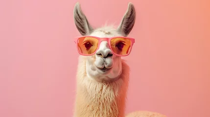 Wandcirkels tuinposter close up of a llama alpaca portrait wearing sunglasses with gradient backdrops © Shahir